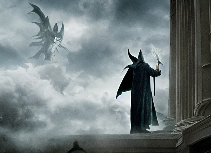 Image similar to gandalf attacks the white house, film still in the new batman movie, 4 k