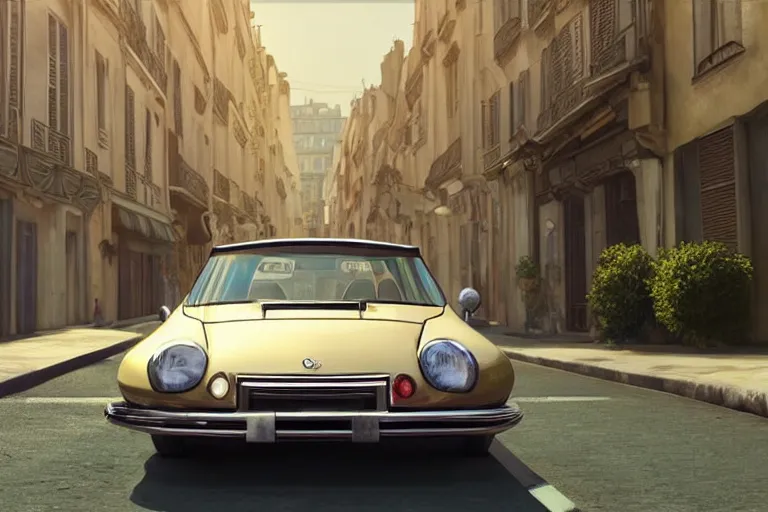 Image similar to a wholesome beautiful animation key shot of!! one!! focused!! 1 9 7 4 citroen ds!! in a paris street, medium wide shot, studio ghibli, ( pixar ) and disney animation, sharp, very detailed, high resolution, rendered in unreal engine 5, anime key art by greg rutkowski, bloom, dramatic lighting