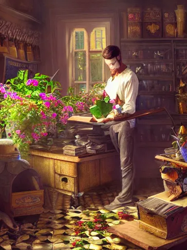 Image similar to a magical male socerer, working in a table full of artifacts. weeds anf flowers growing on the floor. intricate, elegant, highly detailed, digital painting, artstation, concept art, sharp focus, illustration, by justin gerard and artgerm, 8 k