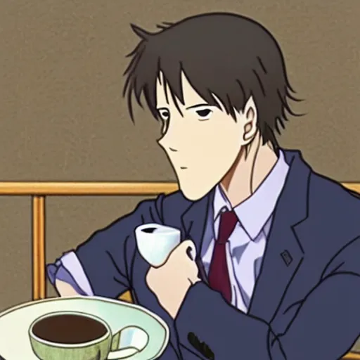 Prompt: moose in a suit and tie sipping coffee from a mug by miyazaki, anime