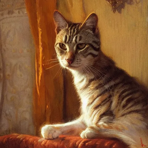 Image similar to detailed portrait of garfield the cat in royal palace, spring light, painting by gaston bussiere, craig mullins, j. c. leyendecker