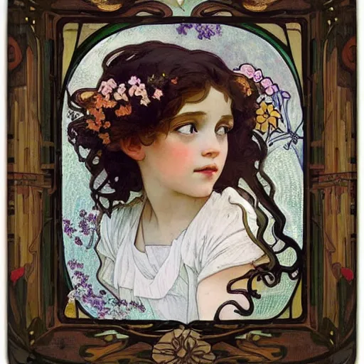 Prompt: art nouveau painting by Alphonse Mucha of a little girl with curly brown hair framed by flowers. Soft, muted colors, dreamy aesthetic.