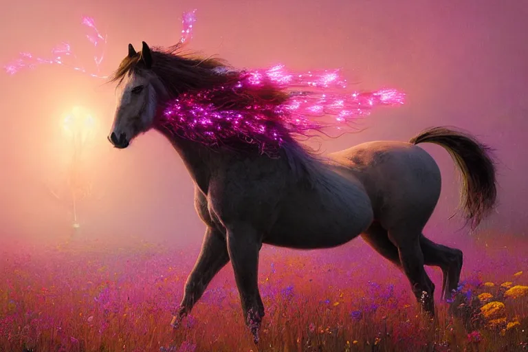 Image similar to a stunning digital painting of a horse with a mane of bioluminescent flowers running through a field of flowers by greg rutkowski, neonpunk, volumetric light, digital art, fine detail, photorealistic