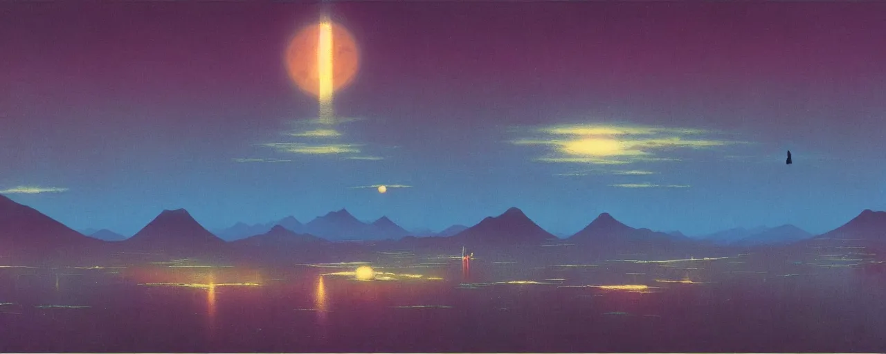 Image similar to awe inspiring bruce pennington landscape, digital art painting of 1 9 6 0 s, japan at night, 4 k, 8 k, hyperdetailed, minimalist