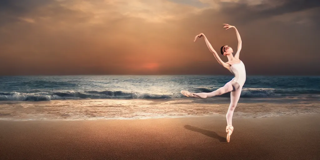 Image similar to a beautiful ballet dancer on a beach at sunrise, cinematic angle, studio Ghibli, volumetric lighting, breathtaking, beautiful composition, intricate, elegant, digital art, detailed, oil painting, hyperrealistic, sharp focus, 8k