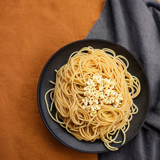 Prompt: spaghetti with popcorn, studio photography