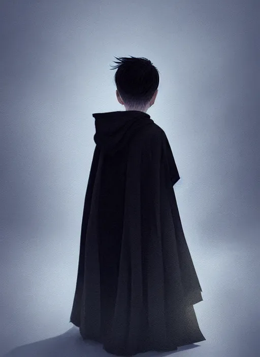 Image similar to kid wearing black cloak holding stick - 3 d vfx art - of the sun, art style by james jean & hsiao - ron cheng, character concept art, unreal engine render, digital illustration, sharp, intricate detail, volumetric light, ray tracing, soft light, symmetric, pinterest, artstation, behance,