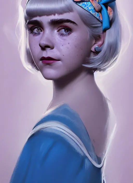 Image similar to portrait of kiernan shipka with freckles, white hair, big 1 9 6 0 s bob hairstyle with bangs and hairband, blue 1 9 6 0 s dress, intricate, elegant, glowing lights, highly detailed, digital painting, artstation, concept art, smooth, sharp focus, illustration, art by wlop, mars ravelo and greg rutkowski