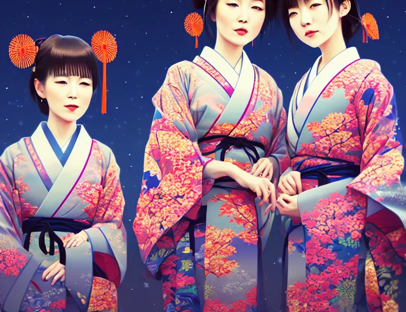 Image similar to two beautiful charming japan girls wear arty kimono in festival | | sunny night, full moon, dreamlike art, realistic shaded, smile, good looking, hyper details, 4 k realistic, cryengine, realistic shaded lighting poster by ilya kuvshinov, fuji choko, ross tran, 8 k resolution, trending on artstation, luxury