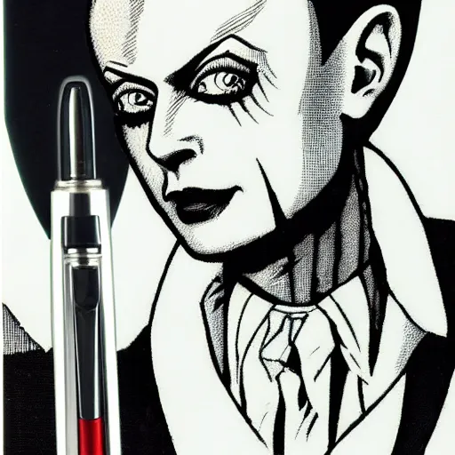 Image similar to a high quality product photo ad of klaus nomi with a technical reed rollerball pen exacto knife by junji ito, ethereal eel