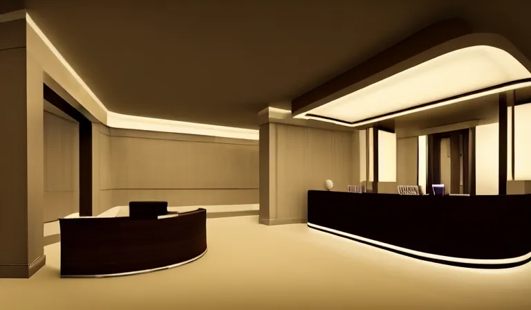 Image similar to a beautiful, sharp focus, clean lines. the interior of an art deco luxury hotel. hotel lobby and receptionist. vaporwave ombre rendering. outrun style. trending on artstation. recommended for you behance. by chris moore. by edward hopper. ambient occlusion. digital matte painting. metropolis filmic. gotham city.