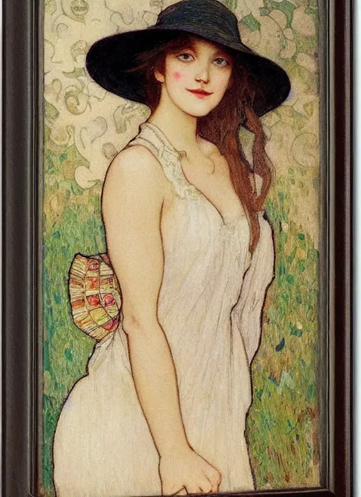 Prompt: leslie burke with straw hat, mucha