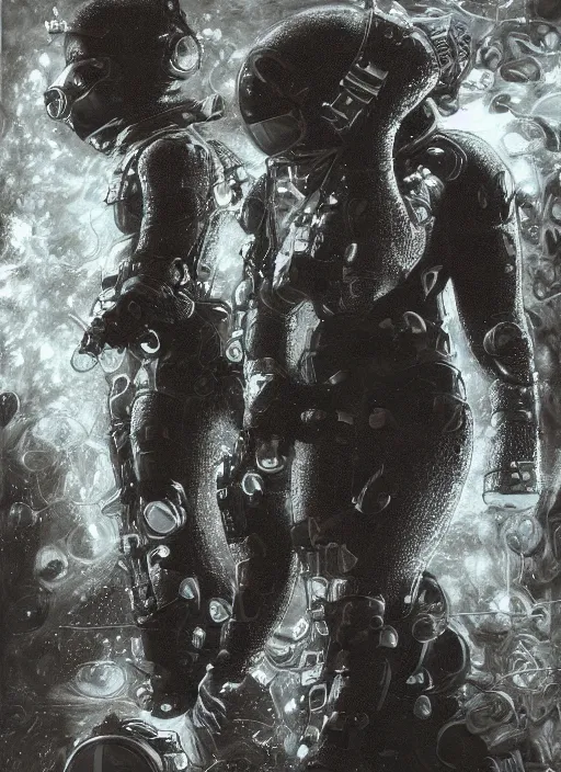 Image similar to astronauts divers in dark void underwater - complex and hyperdetailed technical suit design. reflection and dispersion materials. rays and dispersion of light. volumetric light. f / 3 2. noise film photo. flash photography. ultra realistic, 5 0 mm. poster by wayne barlowe, hajime sorayama aaron horkey, craig mullins