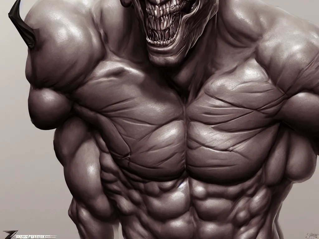 Prompt: game concept art, muscular body, mesomorph, chiroptera head, chiroptera ears, sharp teeth, hyperrealism, artstation, cgsociety, zbrush, no background