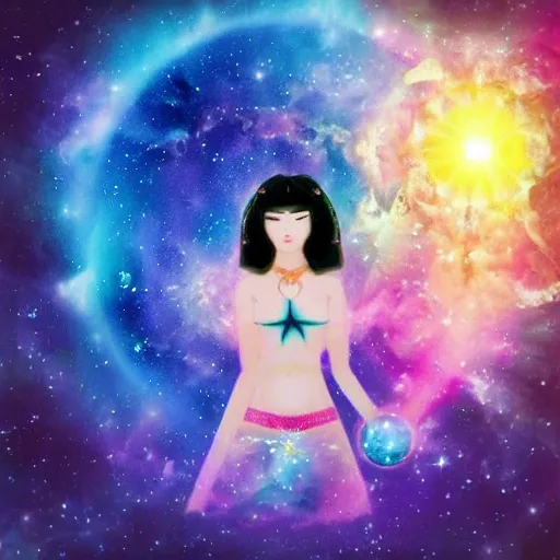 Prompt: a beautiful Asian sky goddess, sharing her cosmic magic with the world