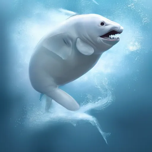 Prompt: a large white - blue aquatic animal jumping out of the water, a digital rendering by maki haku, trending on deviantart, rayonism, hyper - realistic, photorealistic, hyper realism.