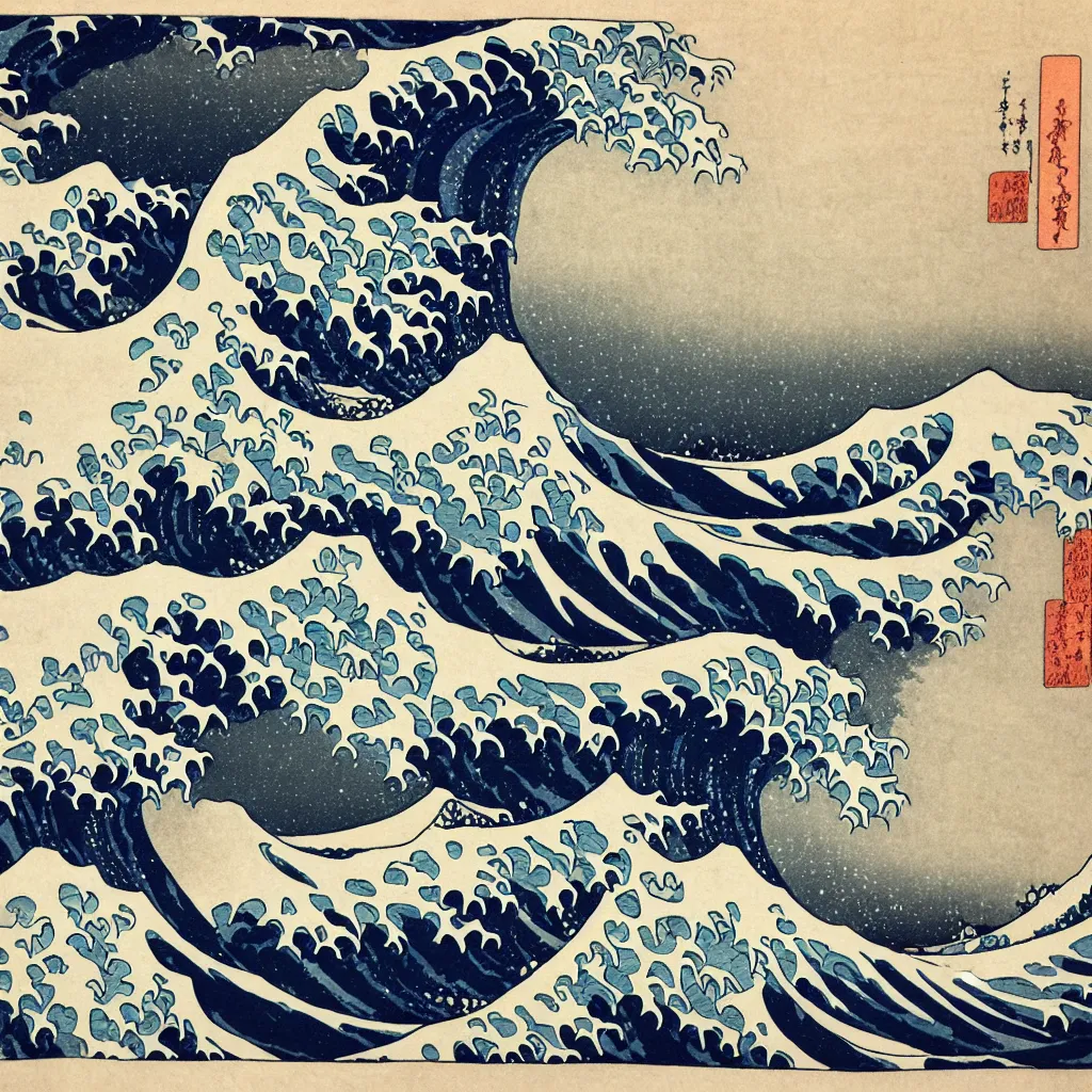 Image similar to wave and mountain lineart, hokusai style