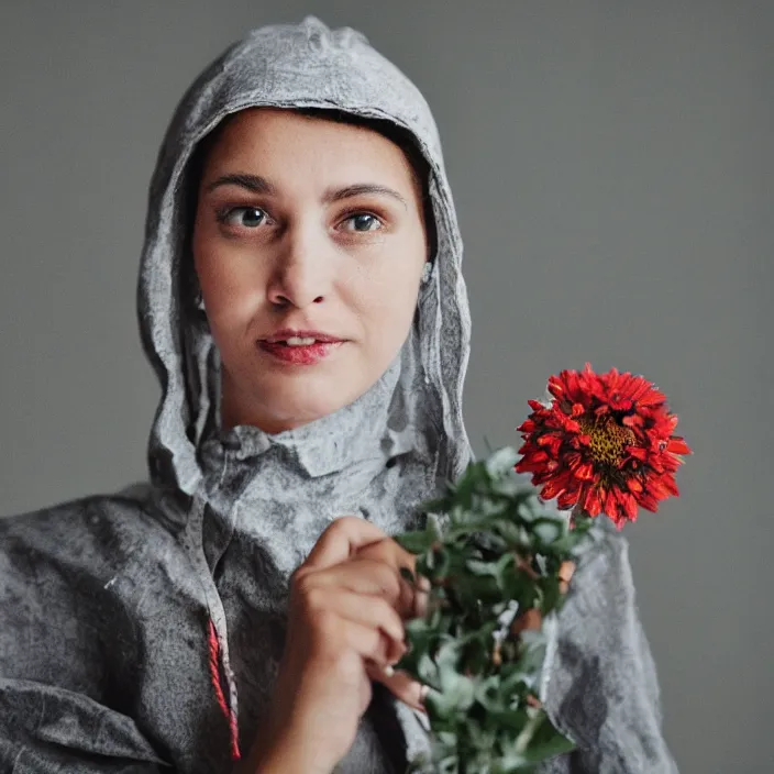 Prompt: a closeup of a woman wearing a hood made of wire and zinnias, in an abandoned office building, canon eos c 3 0 0, ƒ 1. 8, 3 5 mm, 8 k, medium - format print