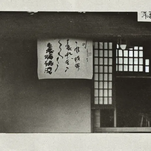 Prompt: vintage photograph of a ghost spotted inside a Japanese tea house, view from the street, nighttime