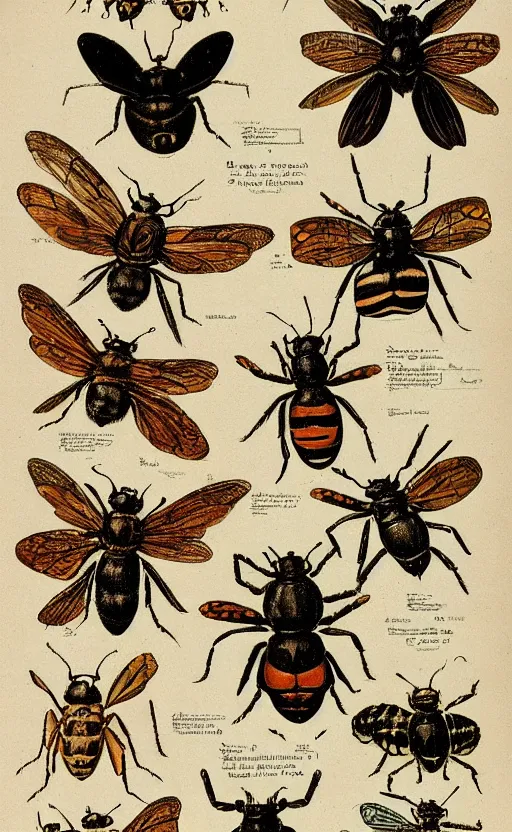 Prompt: a page of insects illustrations, 1 9 0 0 s, highly detailded