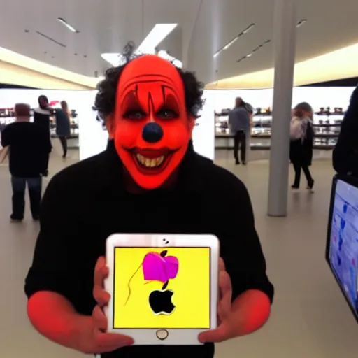 Image similar to scary clown working at an apple store