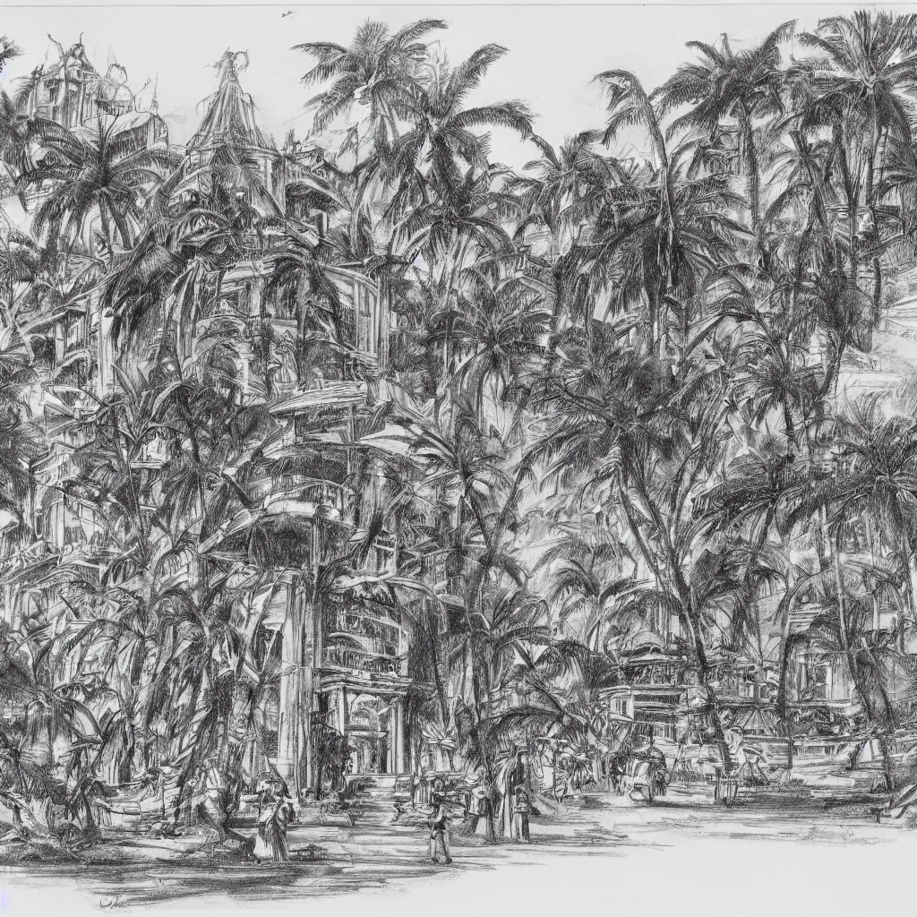 Image similar to vintage architectural drawing black and white sketch on yellowed paper. the sketch depicts an alien palace in a jungle. people wearing togas are walking around outside the palace. the page is ripped and burned