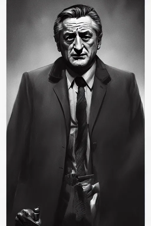 Image similar to portrait of Robert de niro as noir detective, Single face, dramatic lighting, cinematic, establishing shot, extremly high detail, photo realistic, cinematic lighting, post processed, concept art, artstation, matte painting, style by eddie mendoza, raphael lacoste, alex ross