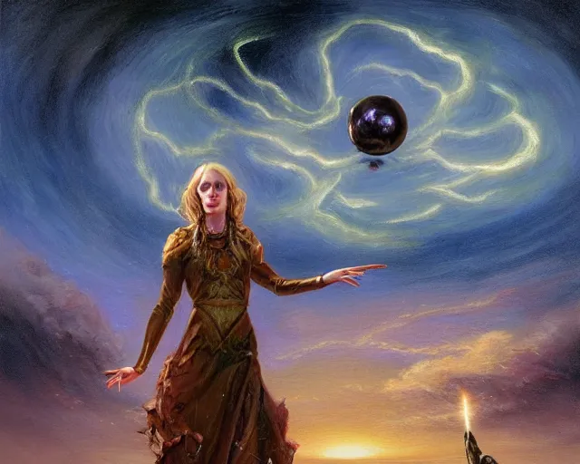 Prompt: sorceress casting powerful meteor spell in the plains. highly detailed painting by seb mckinnon 8 k