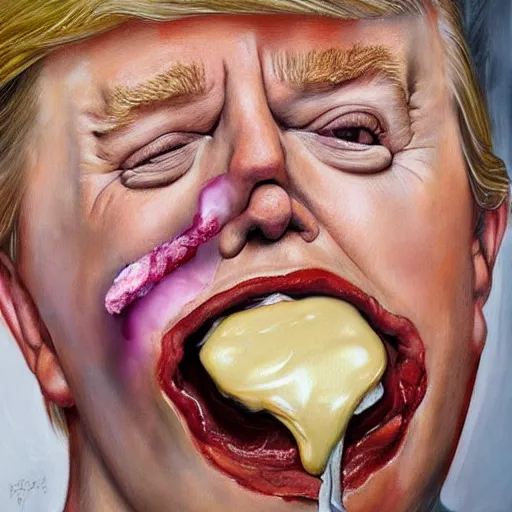 Image similar to realistic painting by jenny saville of donald trump licking a cheeseburger, art by jenny saville and tom bagshaw, detailed, sharp, smooth