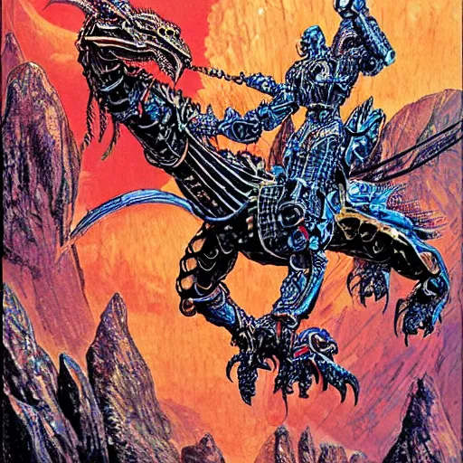 Prompt: middle age knight riding a giant mechanical dragon, art by philippe druillet,