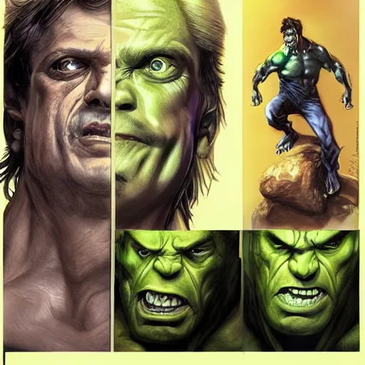 Image similar to steve buscemi as bruce banner turning into the hulk, multiple transformation phases, concept art, by artgerm and luis royo