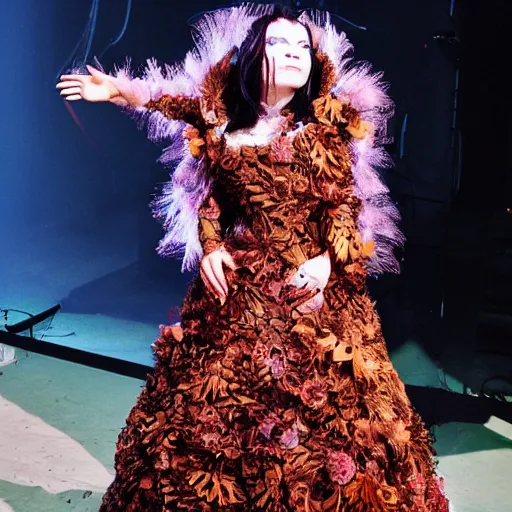 Image similar to bjork in a gown inspired by steampunk flowerpunk afterlife