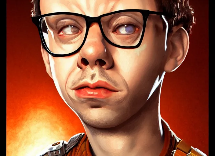 Image similar to young rick moranis with brown hair and a goatee in the fifth element, far future, highly detailed, trending on artstation, intricate, cinematic composition, by rutkowski