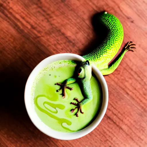 Image similar to peach matcha latte being served by a cute lizard, high quality food photography