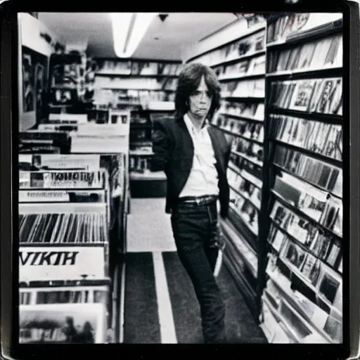Image similar to mick jagger working in a record store in 1 9 6 9, polaroid photo, artistic, realistic, snapshot