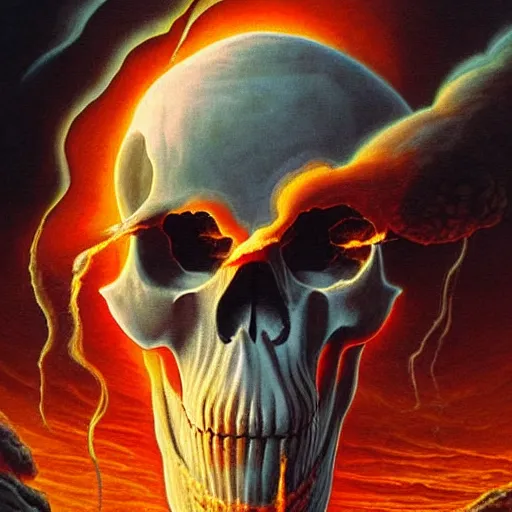 Image similar to an active supervolcano exploding with fire and thick smoke in the shape of a demonic skull by dan seagrave art