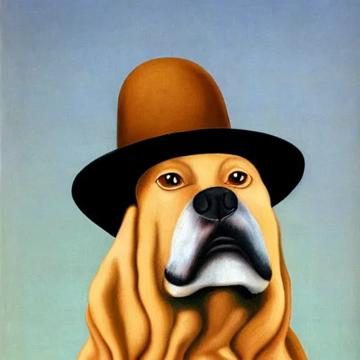 Image similar to a rene magritte painting of a dog wearing a hat