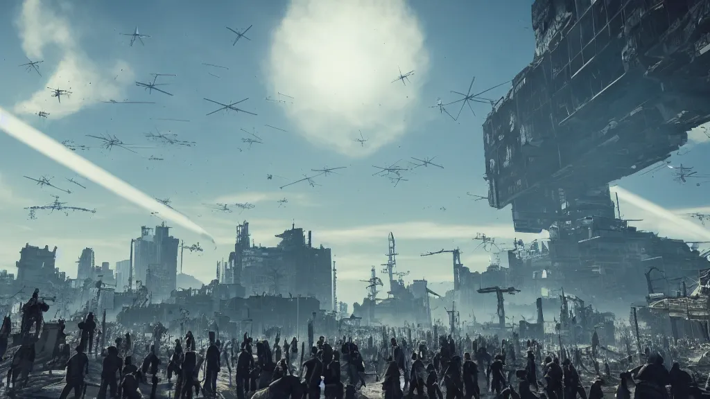 Prompt: low angle shot of a horde of people in a post-apocalyptic city, rich contrast, spaceships with blue contrails in background, hyperrealistic, Cryengine 8k UHD