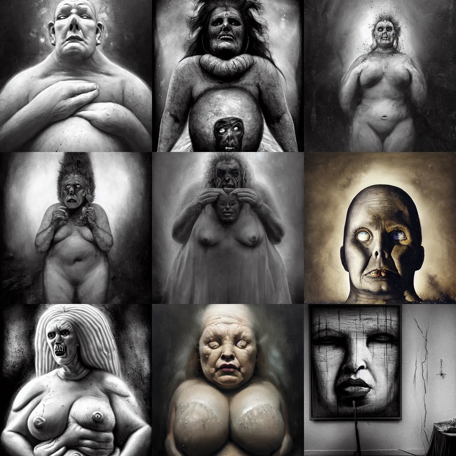 Prompt: portrait of big old sumoringer as despair from sandman, in a white cloudy void with empty framesfloating around her, venus of willendorf, by jeremy mann, by gregory crewdson, by bastien lecouffe deharme, sad face, topknot, black hair, mourning, white room, soft lightning, high detailed, 8 k