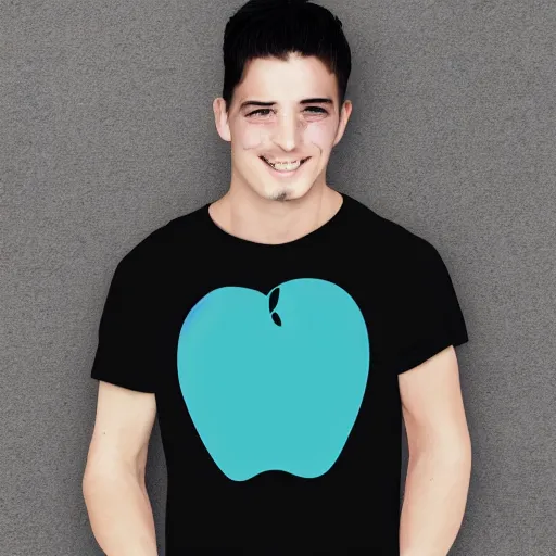 Prompt: apple eating a man, teal, 2 0 2 3 senior graduation shirt, clean graphic design, solid black background