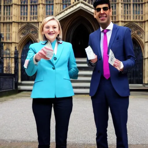 Image similar to Liz truss and Rishi sunak at parliament burning piles of money. Daily Telegraph.