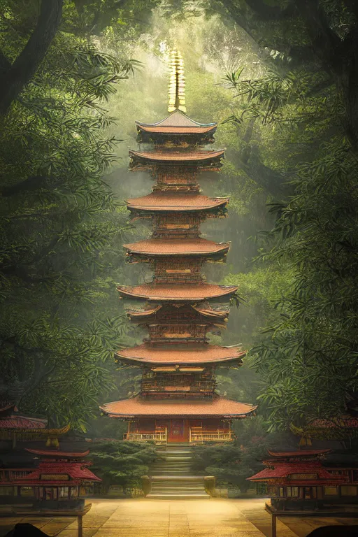 Image similar to Japanese Buddhist temple in the middle of a forest of bonsai and bamboo, powerfull, intricate, elegant, volumetric lighting, digital painting, highly detailed, artstation, sharp focus, illustration, concept art, ruan jia, steve mccurry