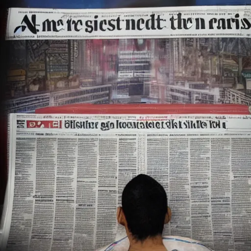 Prompt: a man is reading the largest newspaper in the world