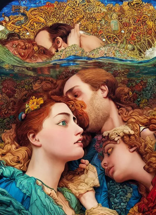 Prompt: detailed colourful masterpiece of photography couple portrait sat down in love extreme closeup, inside an underwater train, detailed realistic expressions, wearing unusual clothes, by ford madox brown and kilian eng and frederic leighton and greg hildebrandt