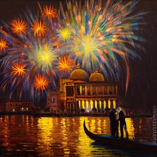 Image similar to an oil painting of couple kissing, in a background fireworks in venice