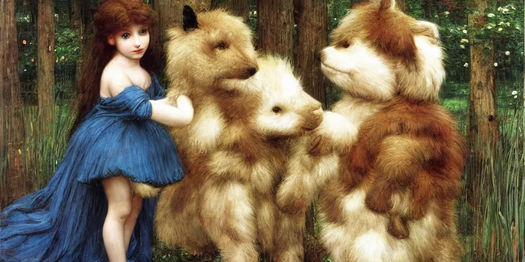 Image similar to 3 d precious moments plush animal, realistic fur, abby at the oakwood, master painter and art style of john william waterhouse and caspar david friedrich and philipp otto runge