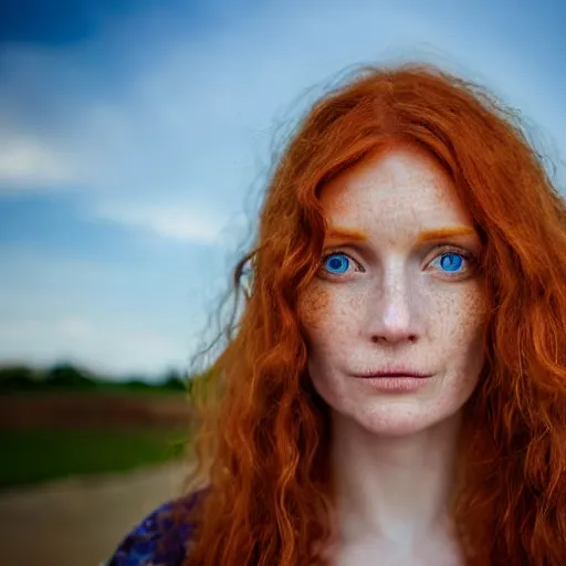 Prompt: close up portrait photograph of a ginger woman with deep blue eyes. Wavy long hair. she looks directly at the camera. Slightly open mouth, with a park visible in the background. 135mm nikon. Intricate. Very detailed 8k. Sharp. Cinematic post-processing. Award winning portrait photography