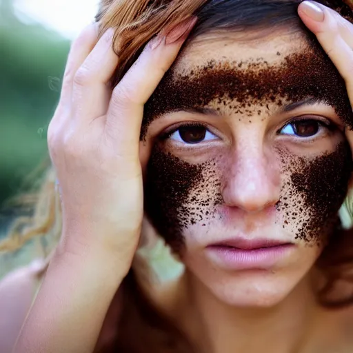 Prompt: photo portrait of a woman's face covered in killer - bees