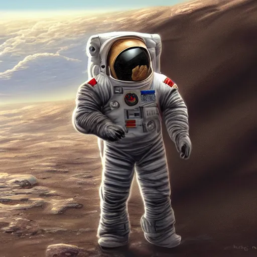 Prompt: a bear in a astronaut suit on Mars, with the sky full of stars, digital art, trending on artstation, HDR