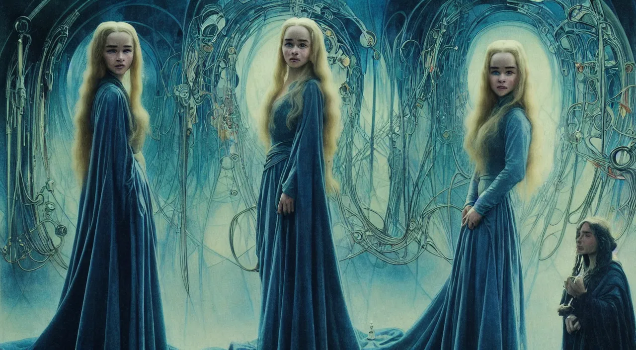 Prompt: realistic detailed portrait movie shot of a young woman who is a mix of emilia clarke and dove cameron wearing dark robes, sci fi city landscape background by denis villeneuve, amano, yves tanguy, alphonse mucha, ernst haeckel, max ernst, roger dean, masterpiece, rich moody colours, blue eyes, occult